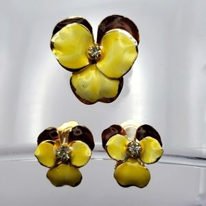 Vintage Enamel Pansy Pin & Clip Earrings